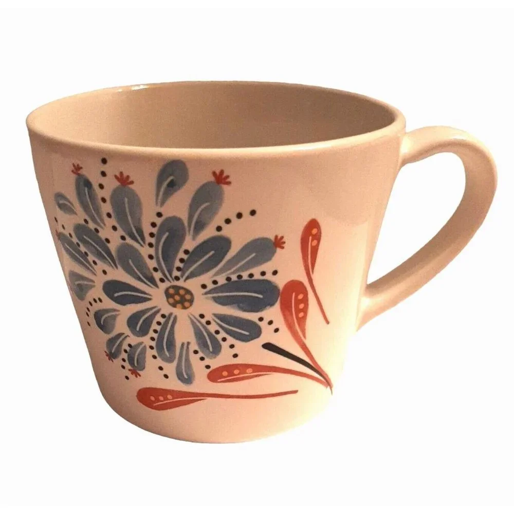 Ikea Finstilt Ceramic Mug White with Blue and Orange Flower 10 oz
